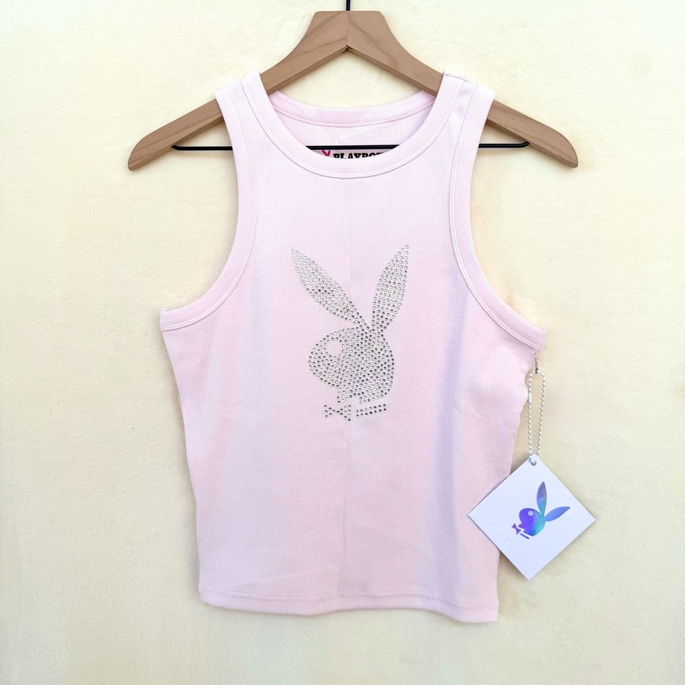 PLAYBOY Light Pink Rhinestone Bunny Ribbed Tank Top + Sticker